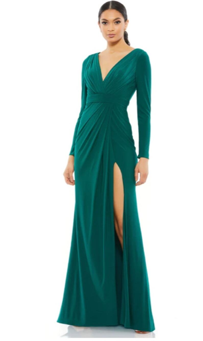 Mac Duggal 26554 V-Neck Long Sleeve Emerald Green Jersey High Slit Gown